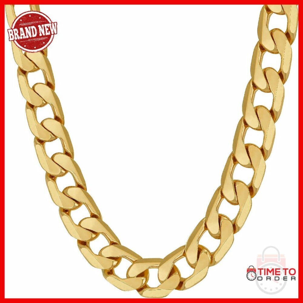 24k Gold Plated Cuban Link Chain Necklace Solid Diamond Cut